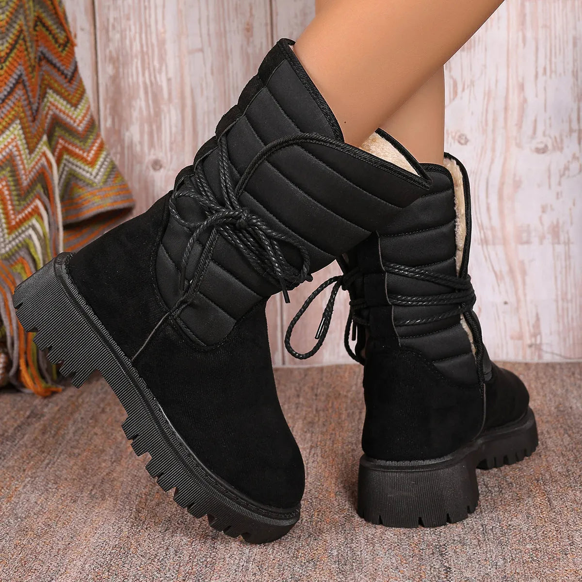 Women's black suede snow boots with chunky heel and lace-up design, shown on a foot.
