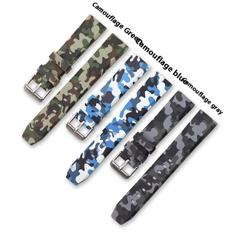 Camouflage silicone watch strap in green, blue and grey patterns for 20mm, 22mm and 24mm watch lugs