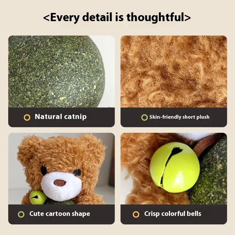 Brown bear plush catnip ball toy with bell, shown next to a 4cm mint ball.