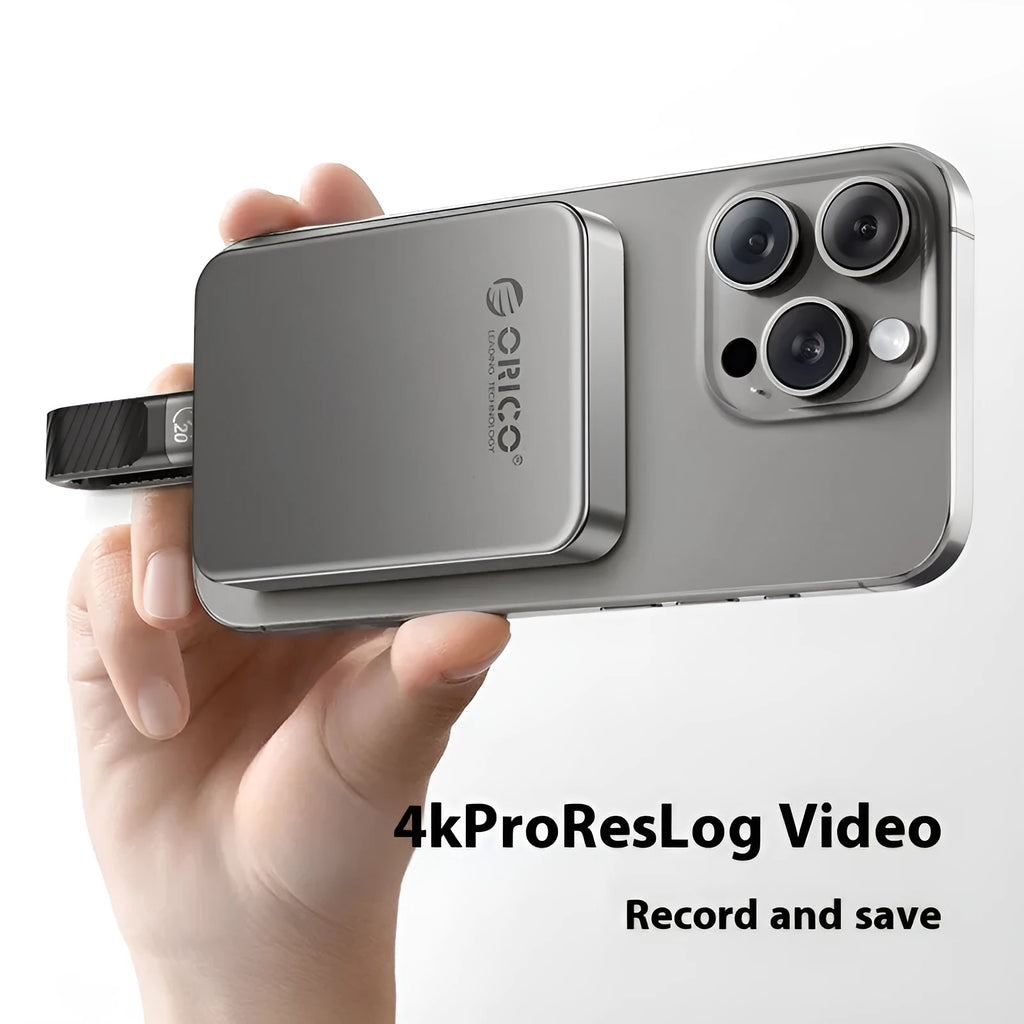 Grey magnetic mobile solid state drive with ultra-thin alloy plastic casing measuring 80x60mm