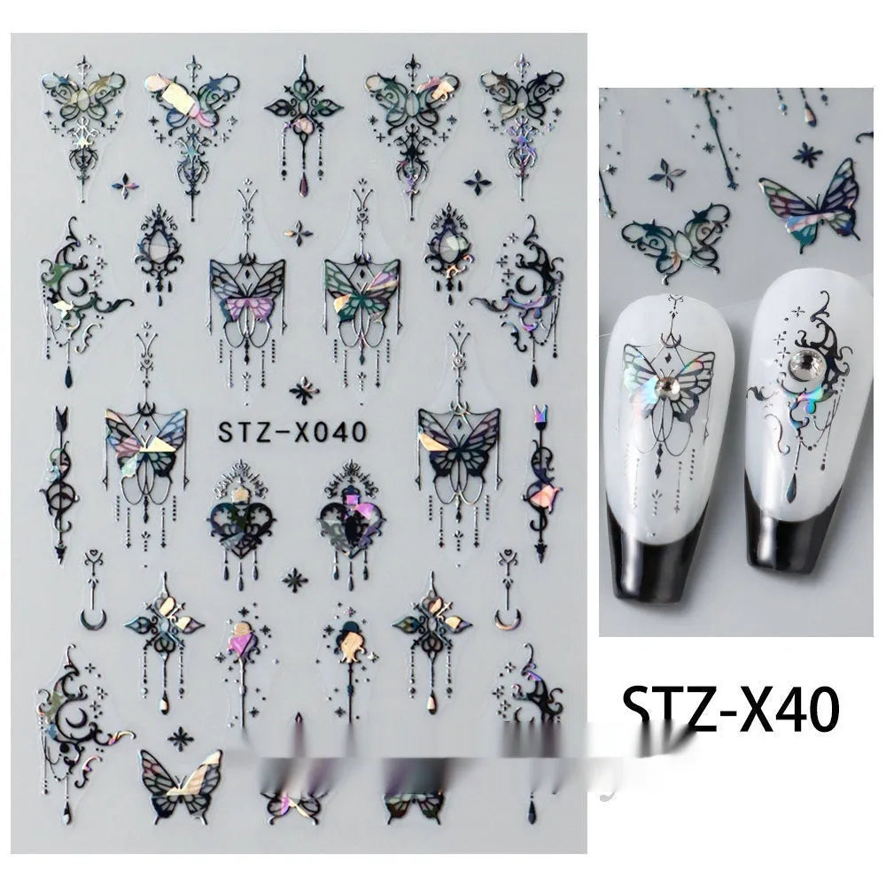 Plastic sheet of black, silver, and cartoon design nail art stickers for DIY manicures.