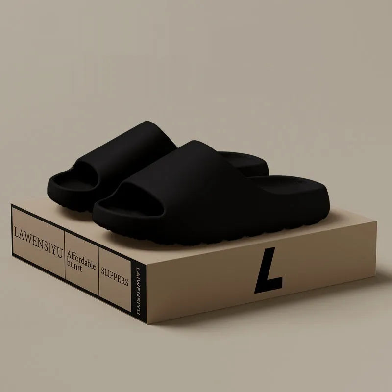 Women's thick-soled beach slippers in beige, black, brown, and green colours with injection moulded EVA construction.