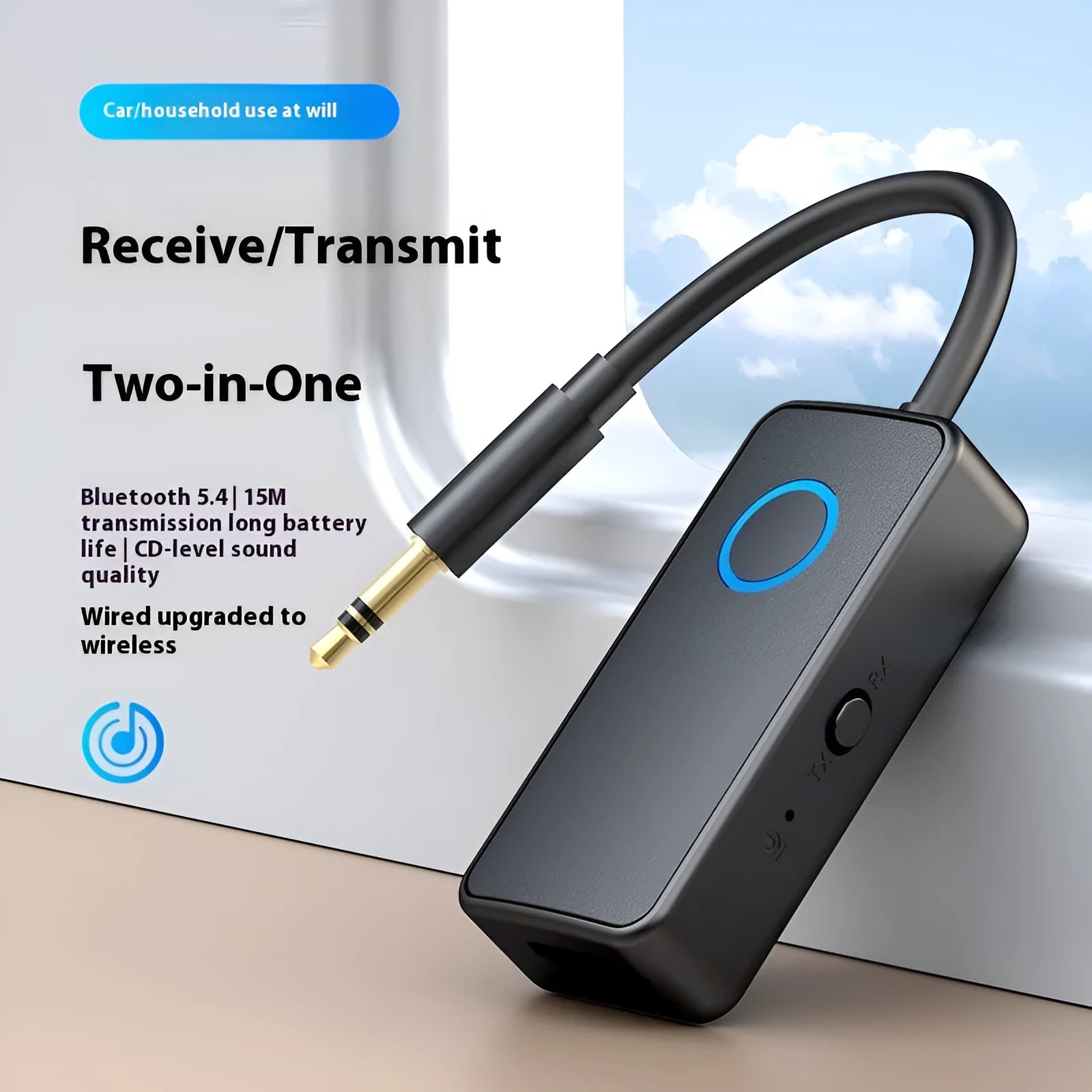 Black Bluetooth 5.4 audio adapter with flexible 3.5mm plug for wireless streaming to wired sound systems