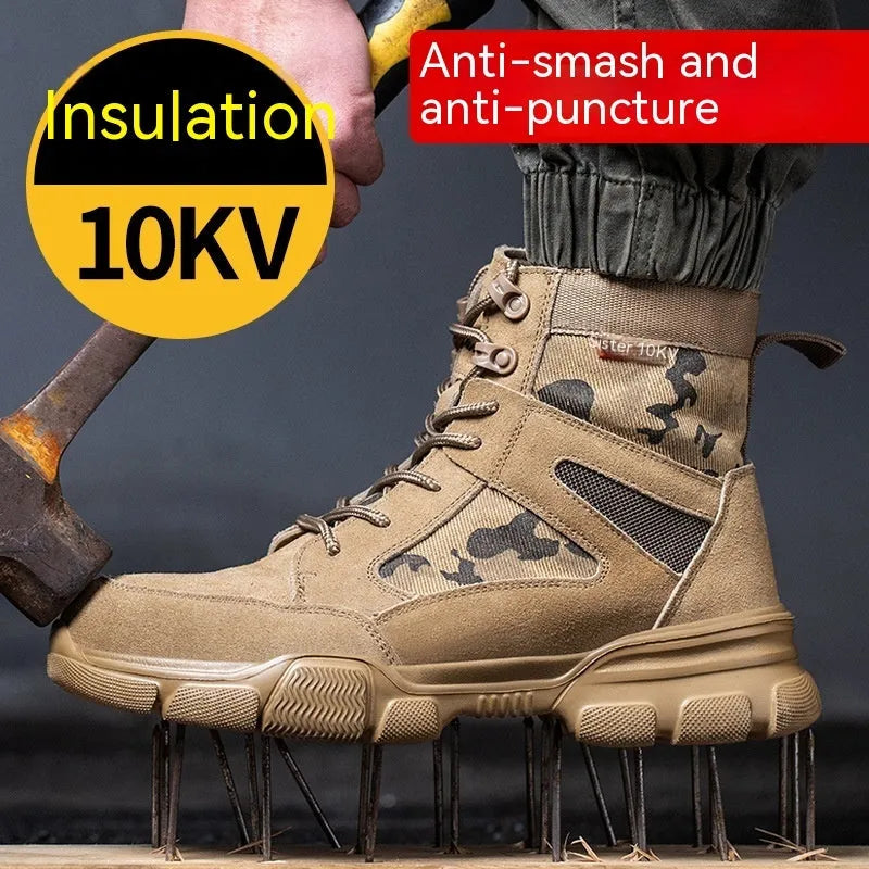 Insulated 10kV anti smashing anti piercing safety boots with suede cowhide upper and rubber sole.