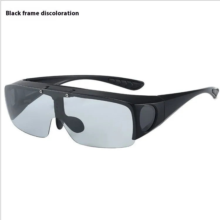 Polarized clip-on sunglasses with a one-piece frame shown in multiple lens colour options including black and grey
