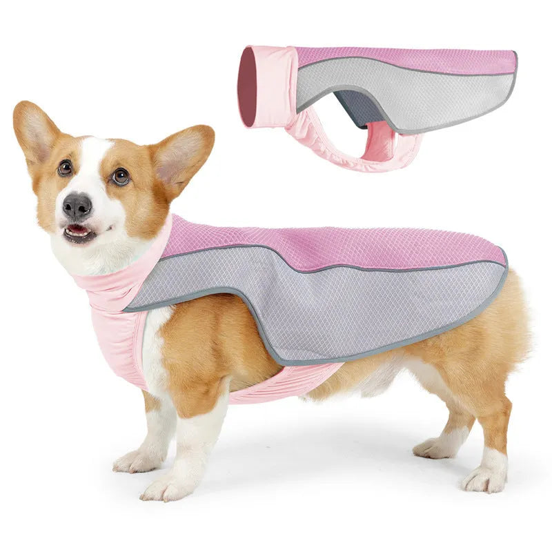 Polyester dog cooling vest in light grey colour showing breathable construction