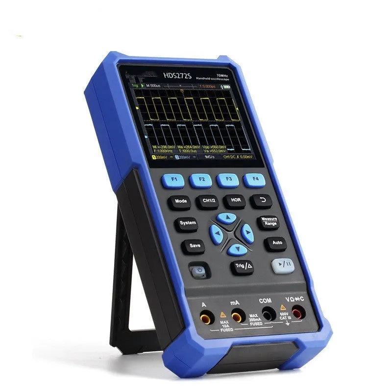 Owon HDS272 handheld digital oscilloscope with probes on automotive engine diagnostic testing