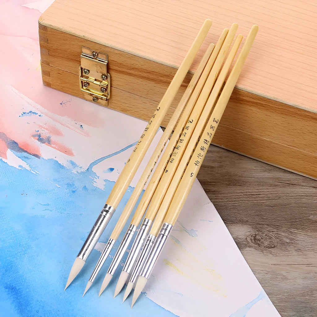 Six wooden pen brushes for wool crafting with fine-pointed bristles