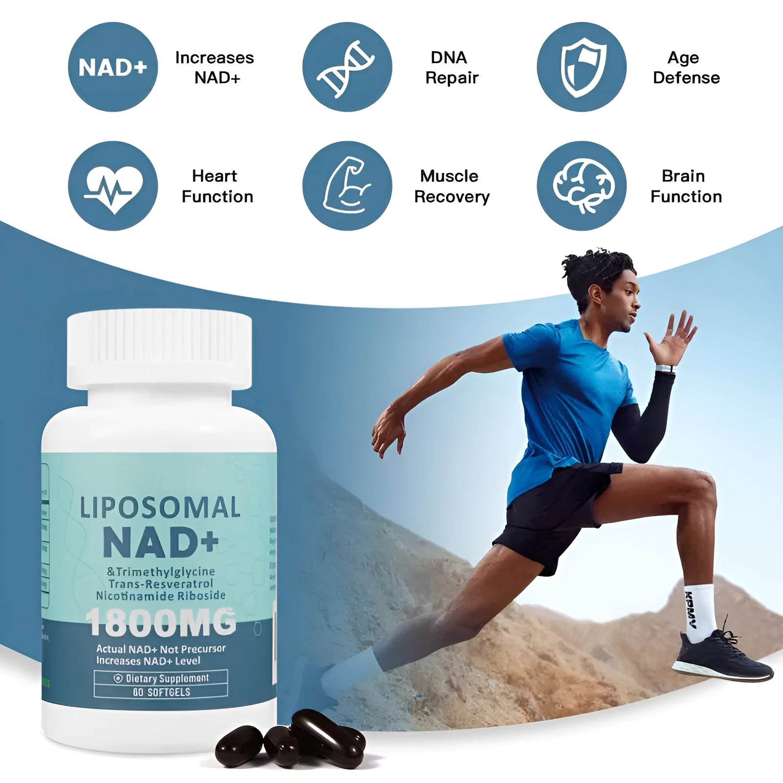 Bottle of NMN gel capsules with 60 or 120 count options