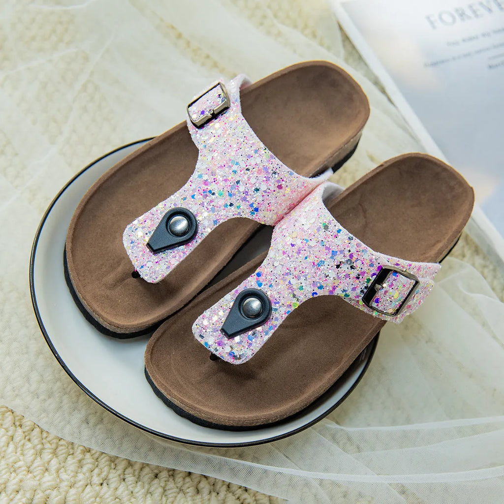 Cork flip-flops in gold with frosted finish and non-slip sole