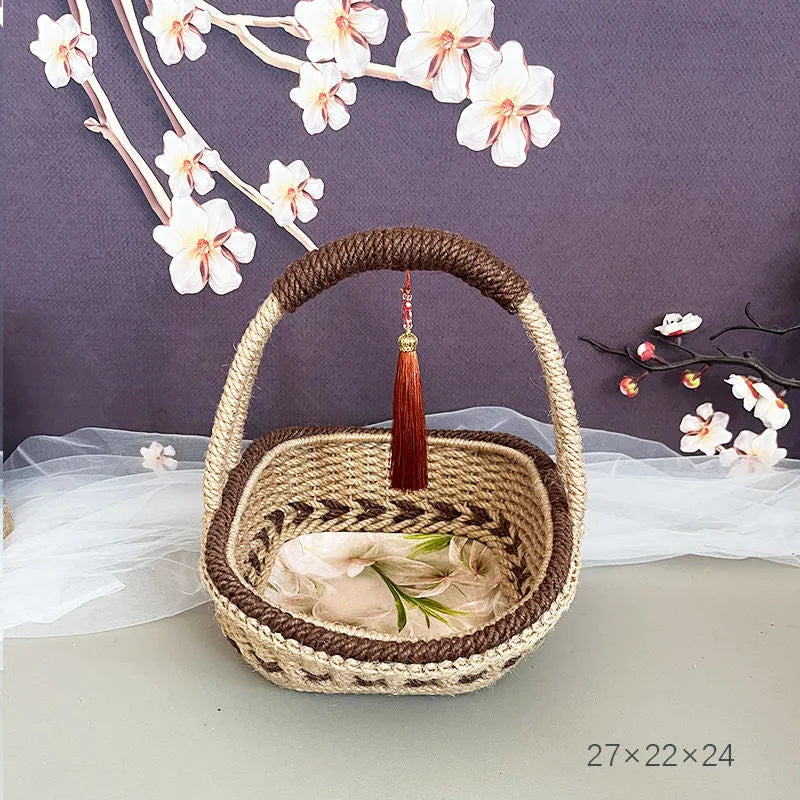 Hand-woven straw basket with hemp rope detailing in rustic style