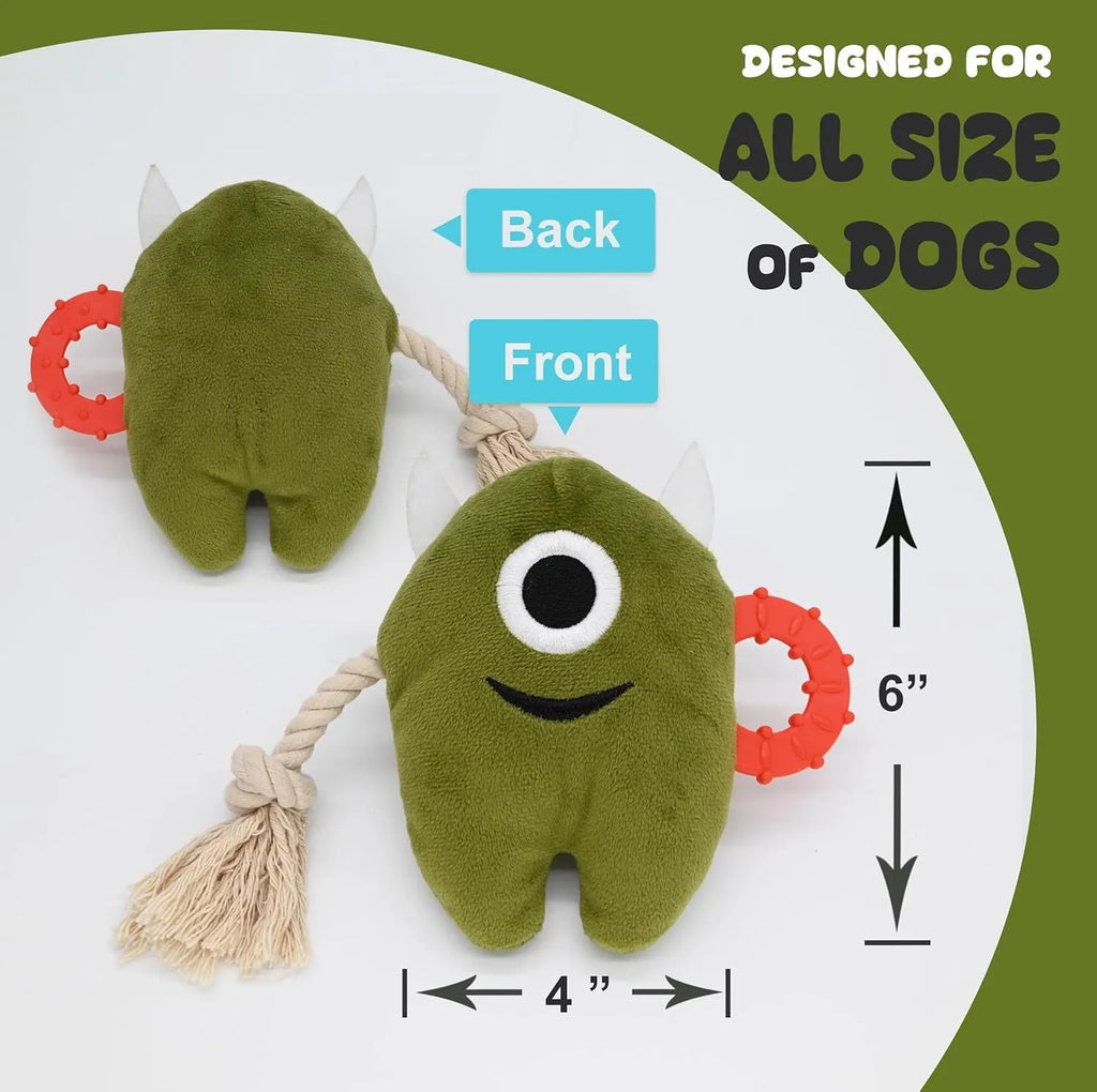 Large blue and green plush dog toy with cotton rope ends and a squeaker inside.
