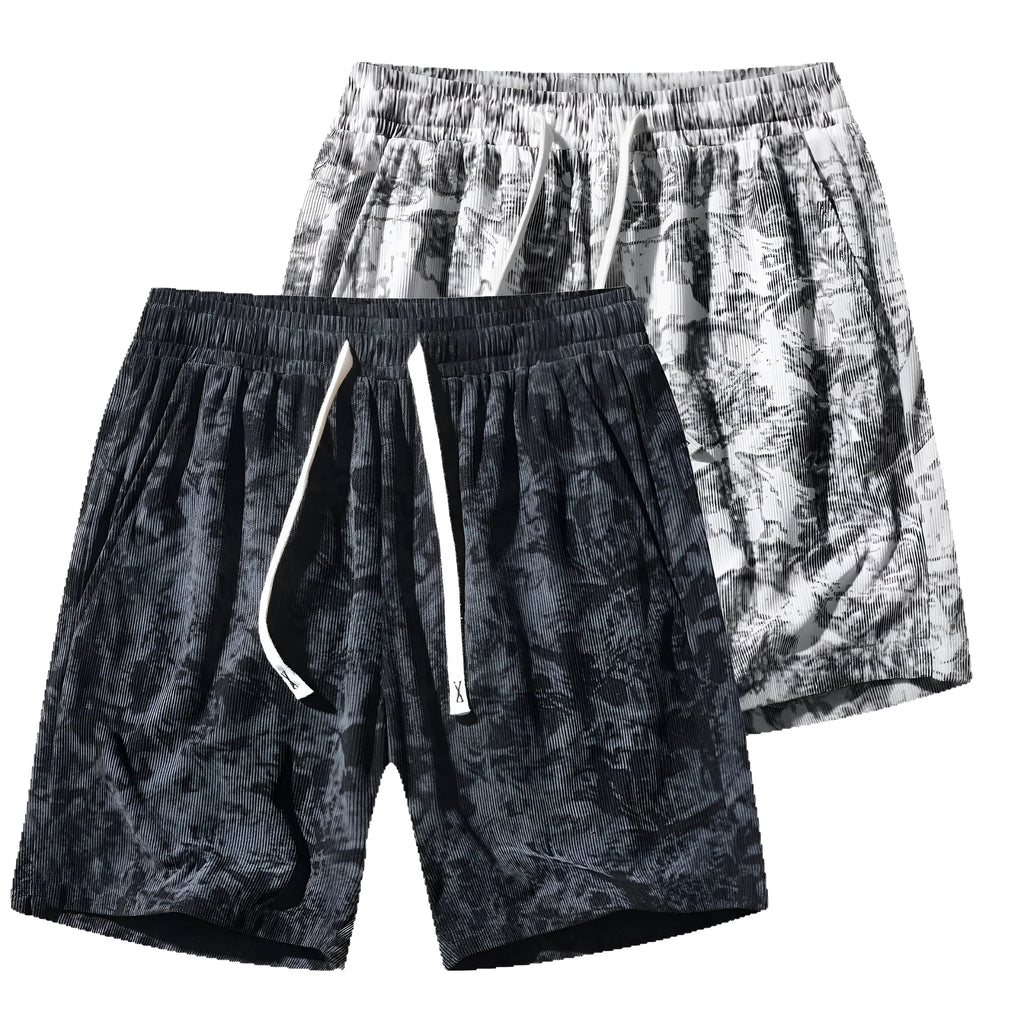 Men's camouflage pattern corduroy athletic shorts in straight cut with high waist.
