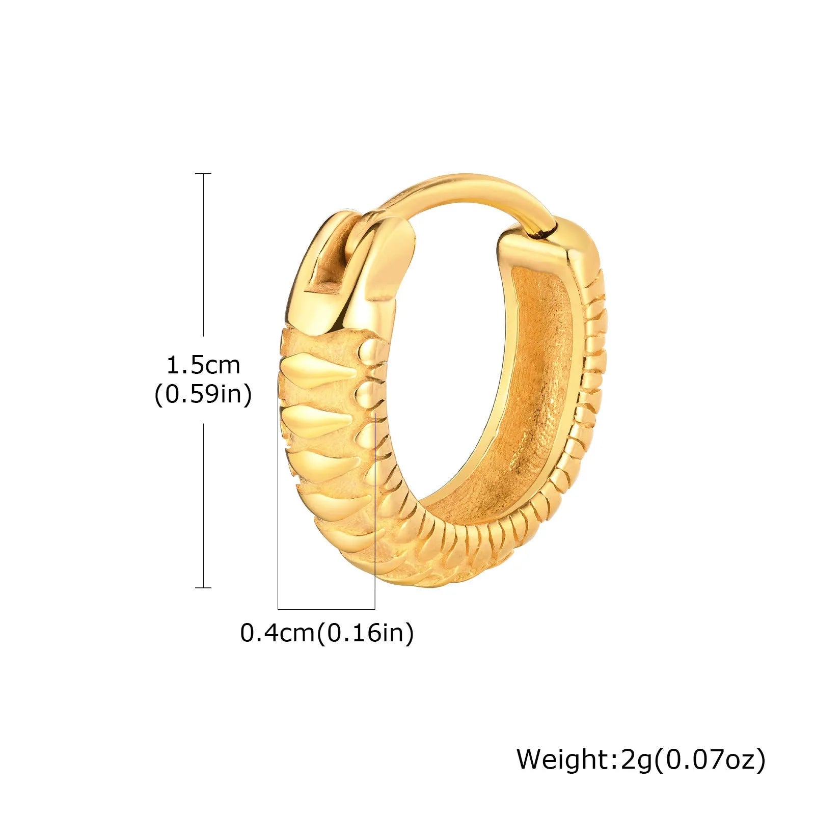 A pair of stainless steel earrings with a raised snake pattern texture in a black or gold finish.