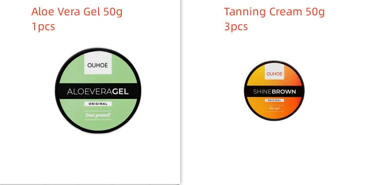 Aloe vera gel and tanning cream bottles for after-sun repair and natural tanning.
