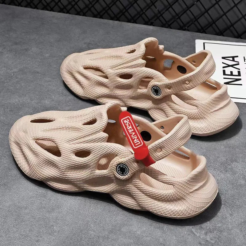 Frosted EVA coconut slippers with closed toe design and holes, shown in available colour options