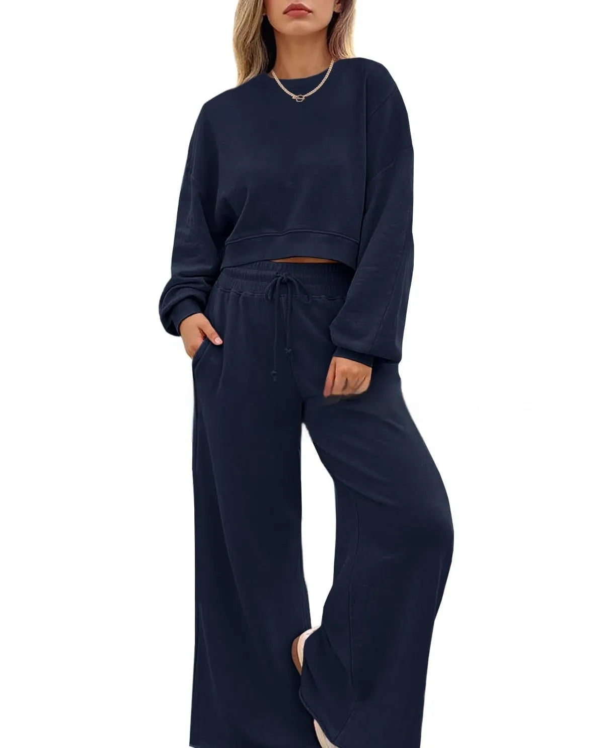 Women's solid colour long sleeve top and trousers two-piece casual set