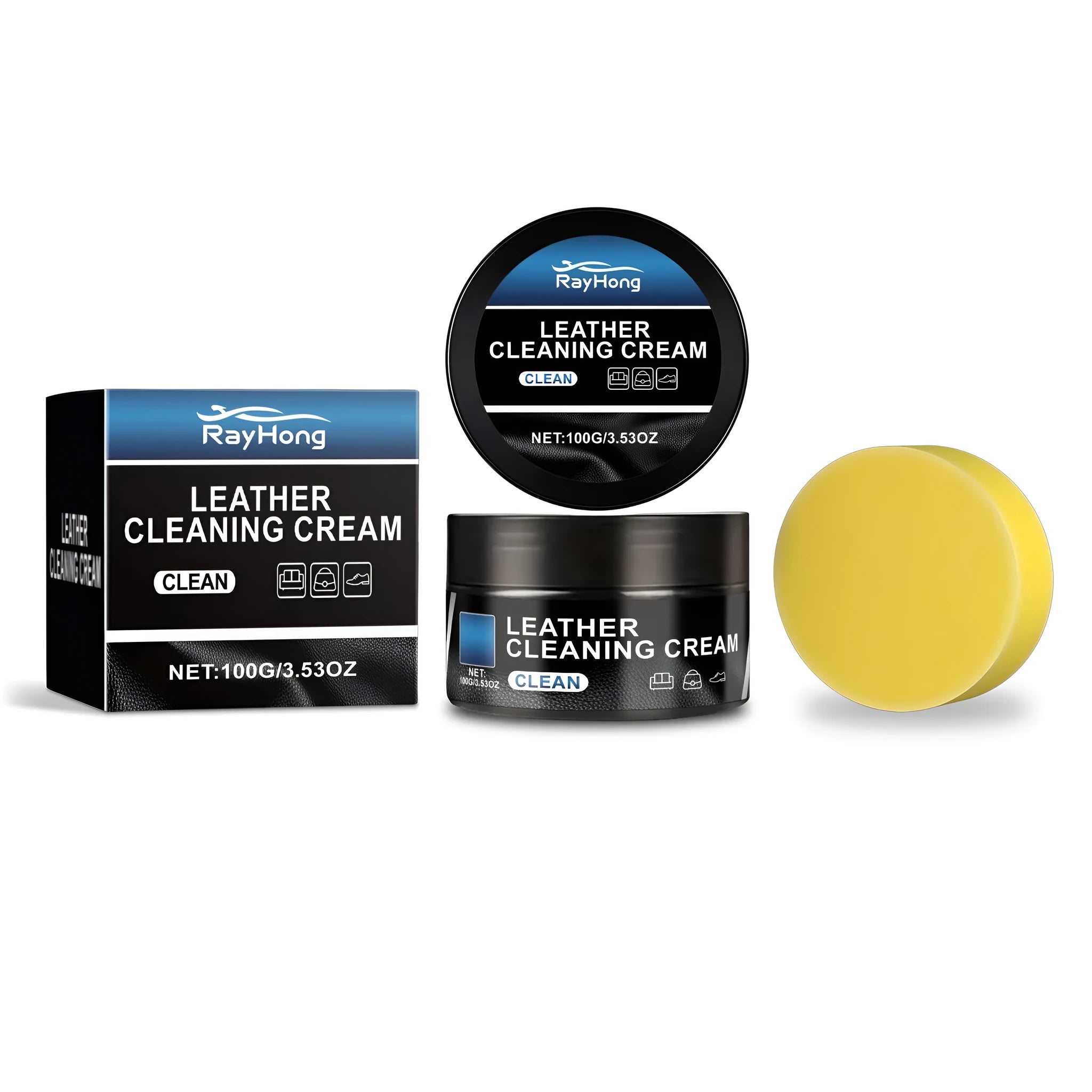 Leather cleaning cream 100g in bottle with sponge, containing beeswax and lanolin