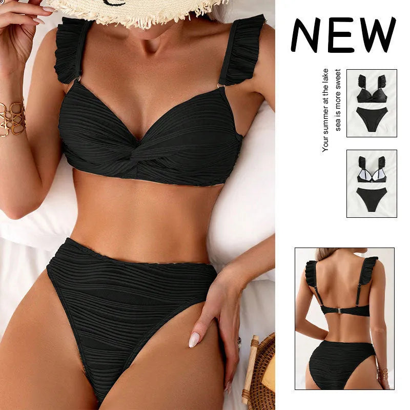Women's solid colour bikini swimsuit in polyester fibre available in black or khaki