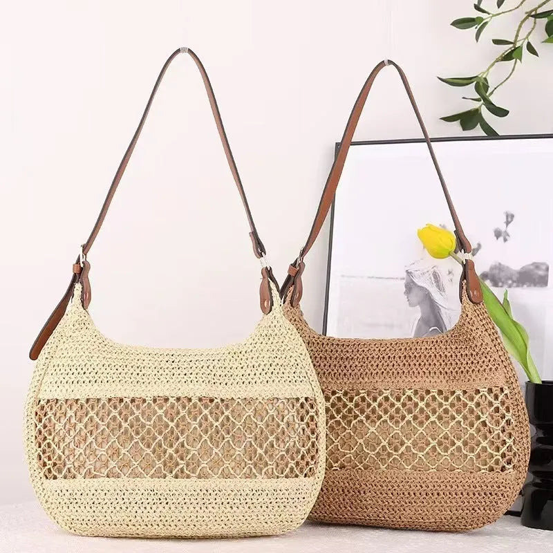 Women's khaki straw cross body bag with sandwich pocket and horizontal square shape
