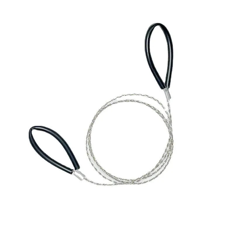 Black survival hand saw with stainless steel wire and plastic handles for outdoor emergency cutting