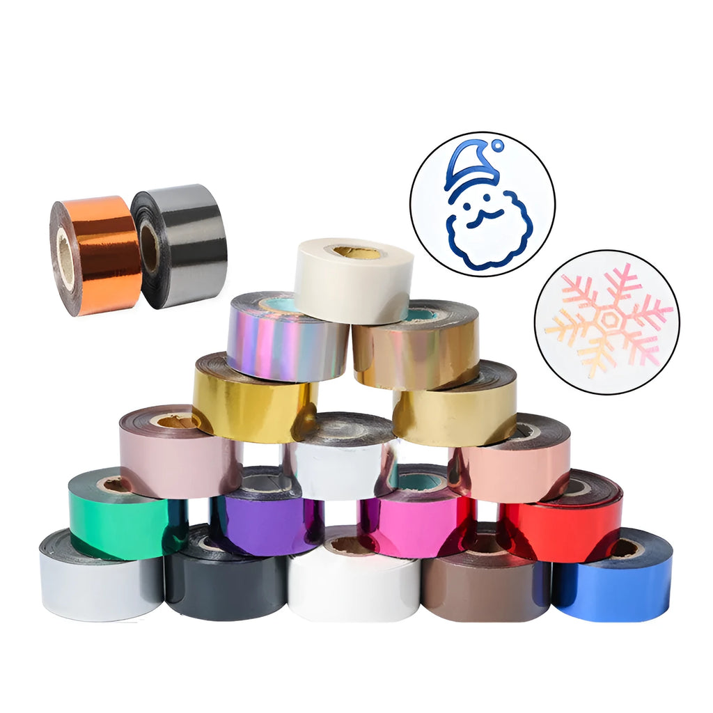 A roll of hot foil stamping paper showing metallic gold finish, with width options of 3cm and 5cm on a 120m long roll.