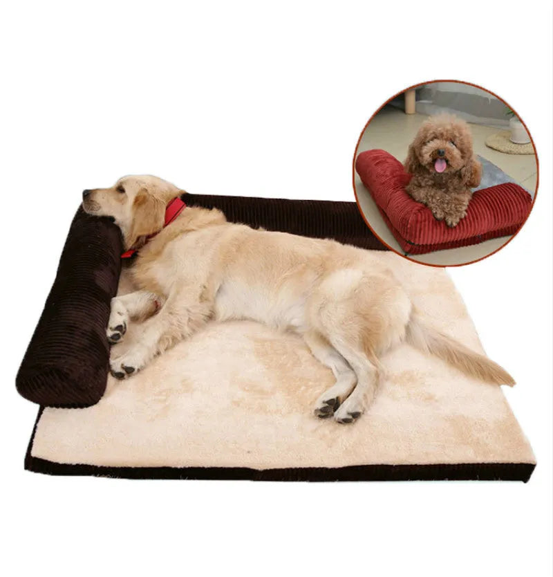 Grey corduroy dog sofa bed with raised sides on a wooden floor, showing its non-slip base.