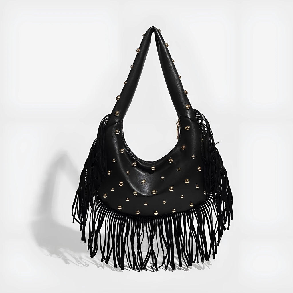 Retro style black shoulder handbag with a tassel decoration, shown with interior mobile phone pocket.