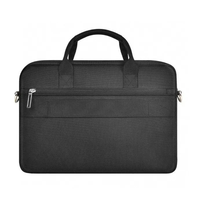 Black Oxford cloth laptop handbag with multiple internal pockets and a separate padded compartment for a 14 or 15.6 inch device.