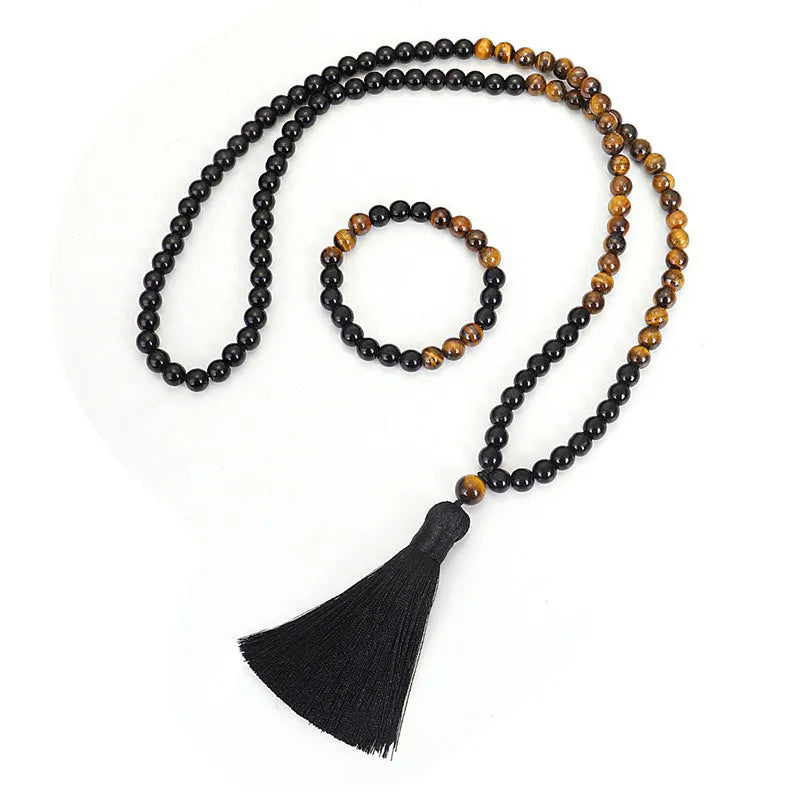Tiger eye stone tassel pendant on ball bead chain necklace with 81cm length