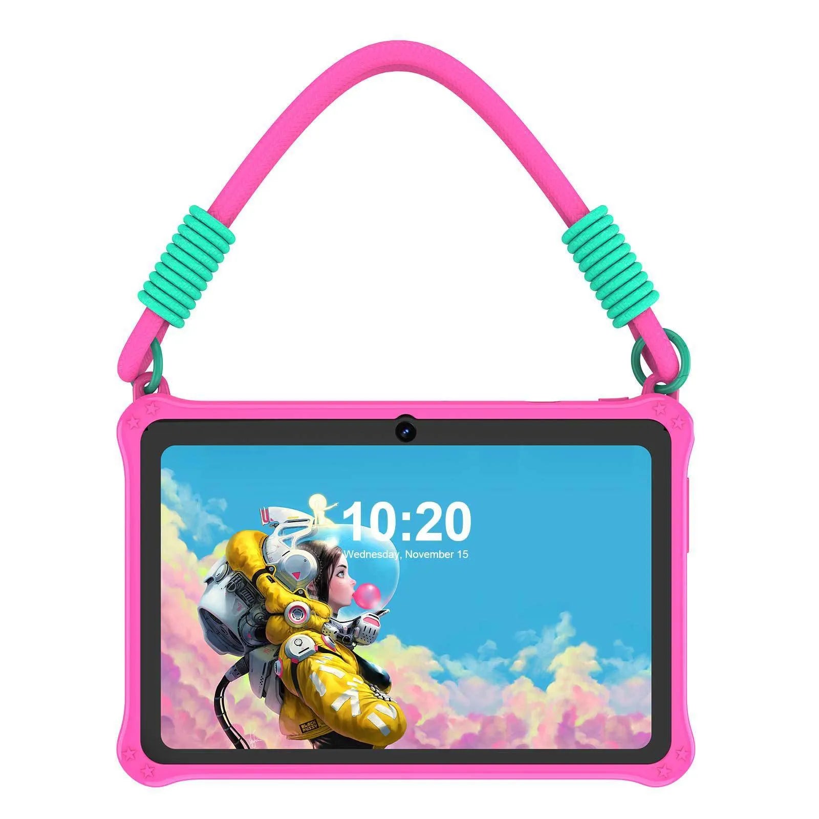 7-inch children's tablet in sapphire blue or dark pink silicone protective case with flat strap and GPS support