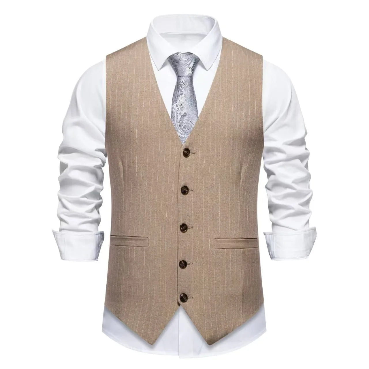 Men's striped formal suit vest with a non-iron finish on a hanger