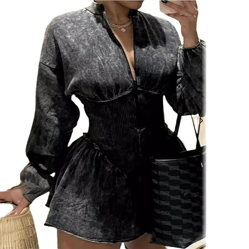 Gray digital print slim fit A-line dress with drawstring mid-waist and long sleeves