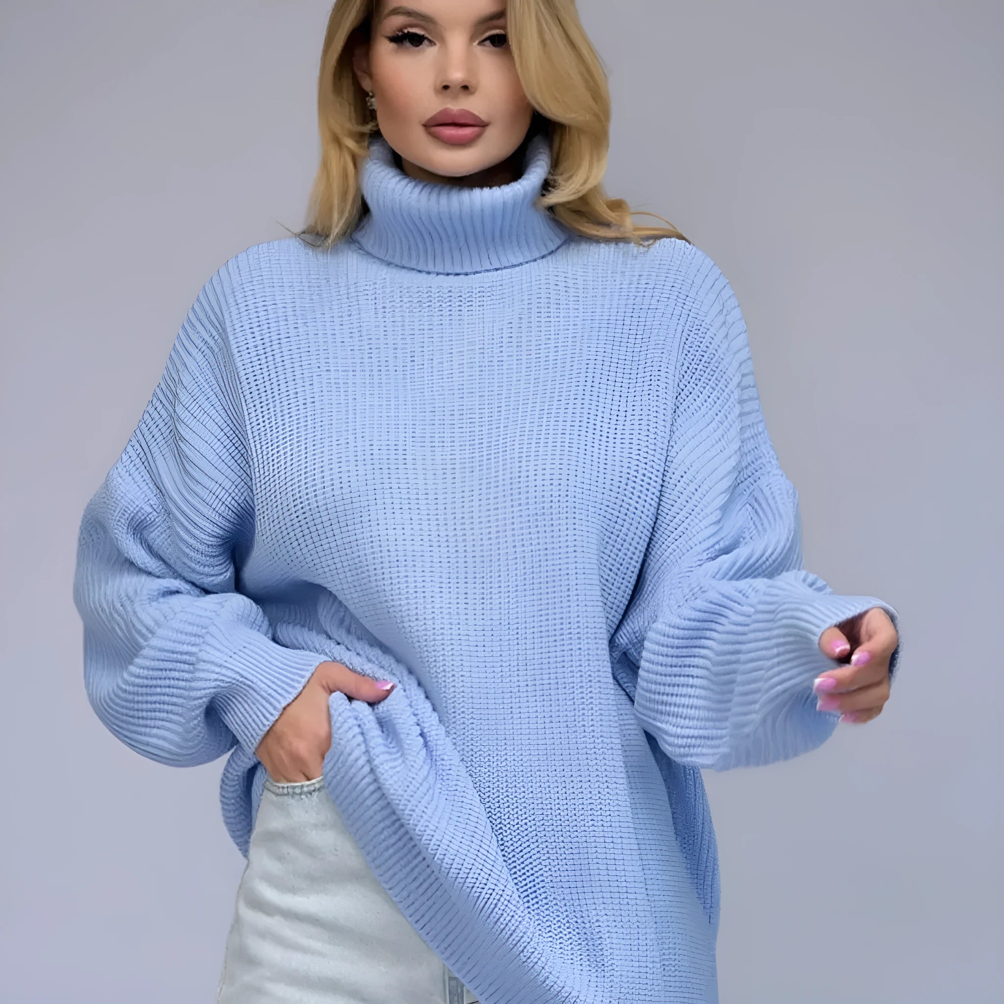Women's high-neck loose-fit pullover sweater in a solid colour with long sleeves