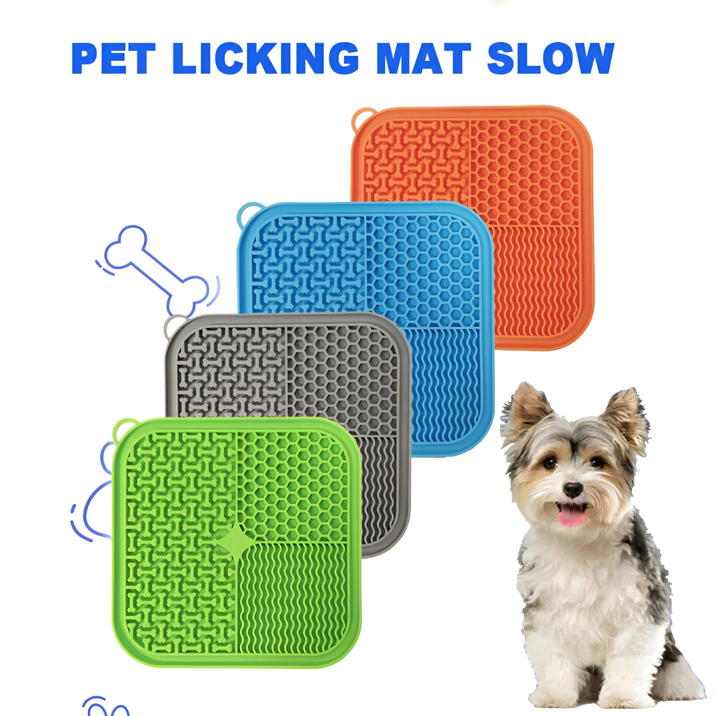 Square orange and grey silicone dog licking mat with textured surface and suction cups on back.