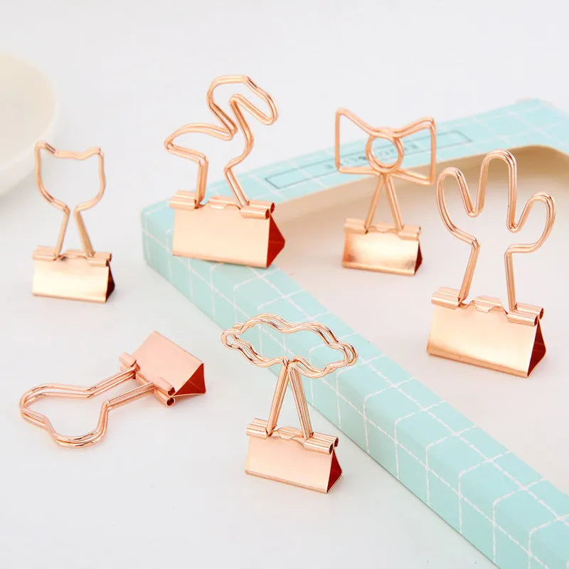 Gold decorative metal paper clips in flamingo, love heart, cloud, cat, cactus and bow shapes