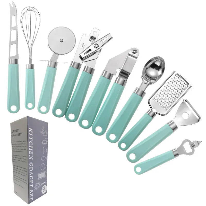 Set of nine stainless steel kitchen utensils with plastic handles in green, black, black and red, and black and green colour options on a light background