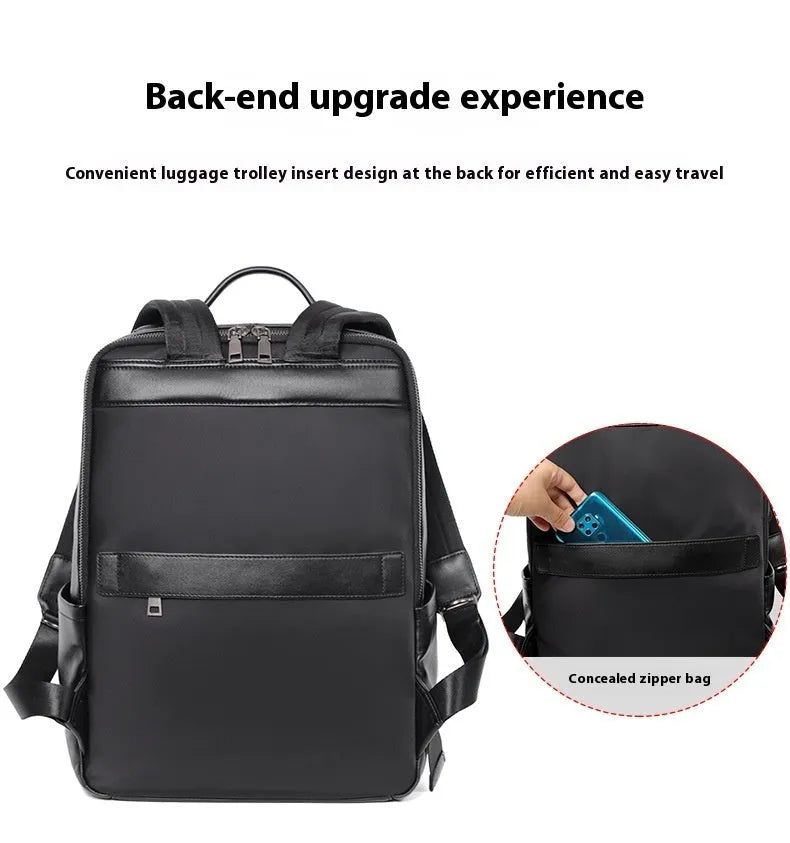 Black genuine leather men's computer backpack with a 36-55L capacity and contoured back plate.