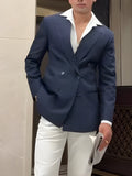 Men's striped double breasted blazer on hanger showing regular fit and classic design