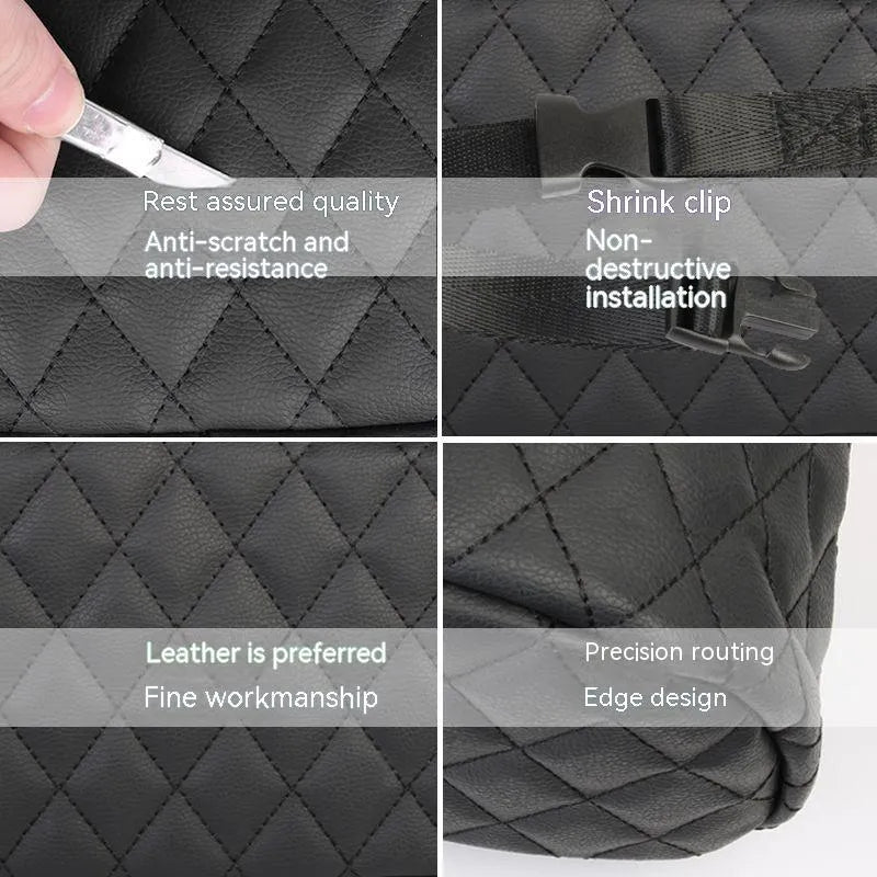 Leather hanging storage bag for car interiors in black colour