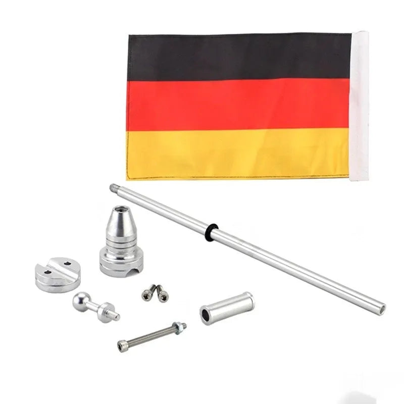 Black and silver metal motorbike flagpole for side box parcel rack mounting