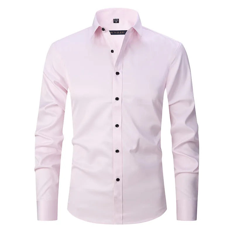 Man wearing a solid colour long sleeve polyester work shirt, showcasing the professional fit and style.