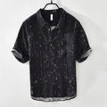 Men's black and white short-sleeved polo shirt with loose fit cardigan style