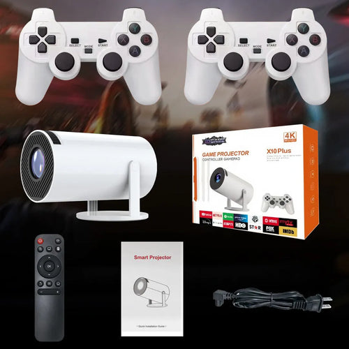 White Barrel X10 PLUS portable projector with gamepad and remote control on table