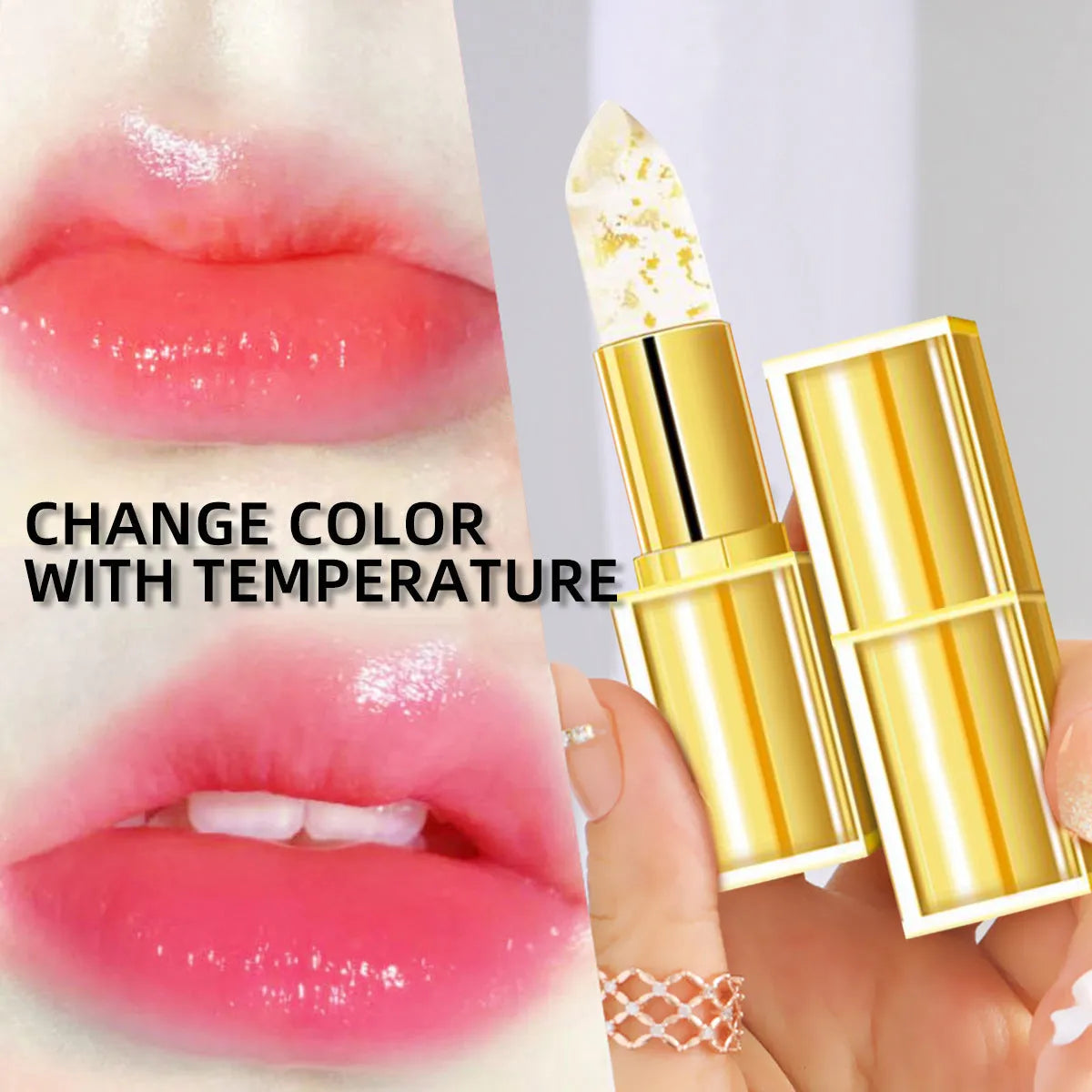 Single 3.5g stick of warm color-changing anti-smudge lipstick on a white background.