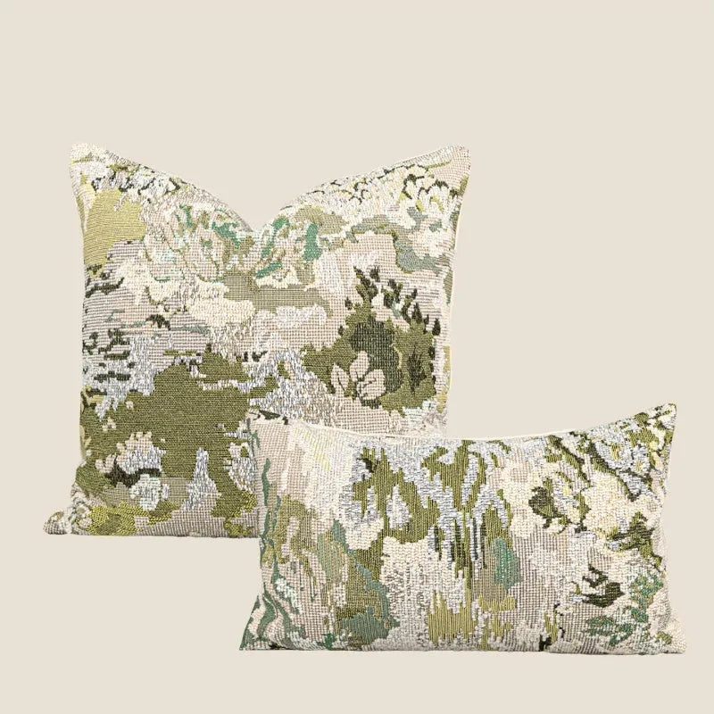Antique green abstract botanical pillow with spring flower pattern in French style design