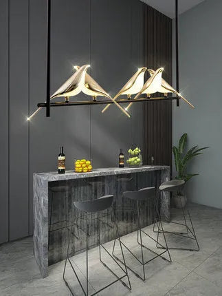 Modern simple aluminium alloy hall chandelier lamp with adjustable height on a neutral background.