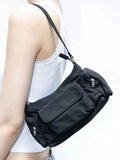 Black PU women's shoulder bag with two pockets, side-line detail, and a nylon lining.