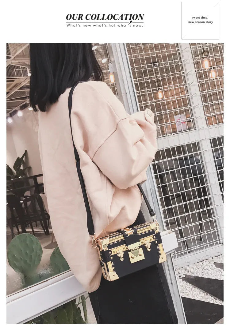 Hard-case women's shoulder bag with flap design, rivet decoration, and adjustable crossbody strap
