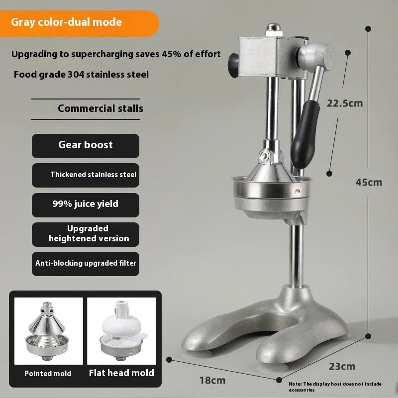 Vertical stainless steel manual juicer with three tip options: pointed head, flat head, and double head.